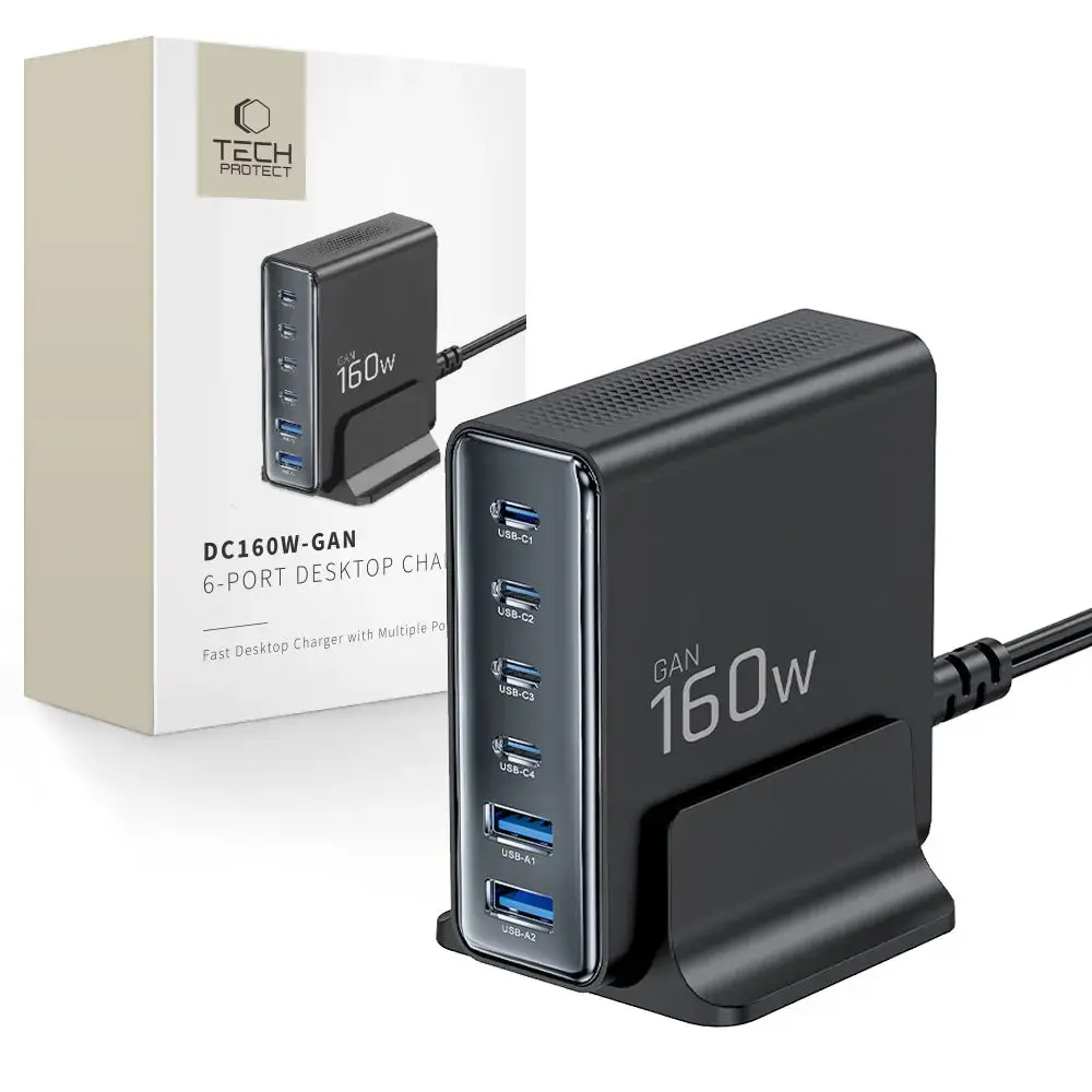 Tech-Protect DC160W-GaN tīkla lādētājs | 160W | PD, QC, GaN | USB-C, USB-A | melns