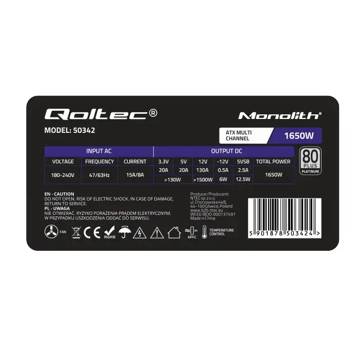 Qoltec ATX 1650W power supply | 80 Plus Platinum