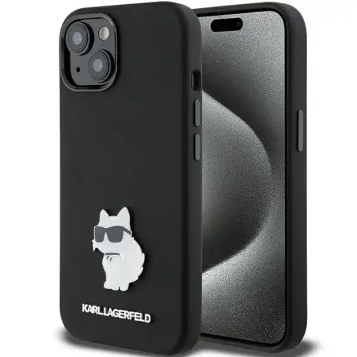 Karl Lagerfeld Silicone Choupette Metal Pin case for iPhone 15 Plus | 14 Plus - black