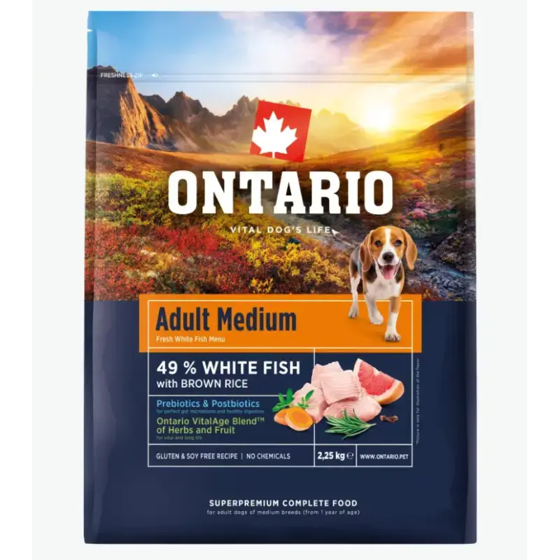 Barība suņiem – Ontario Adult Medium, Fish and Brown Rice, 2,25 kg