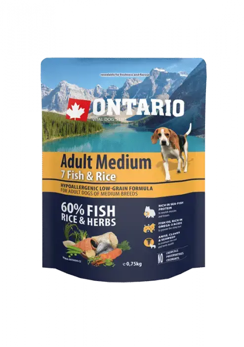 Сухой корм для собак - Ontario Dog Adult Medium Рыба и рис, 750 гр.