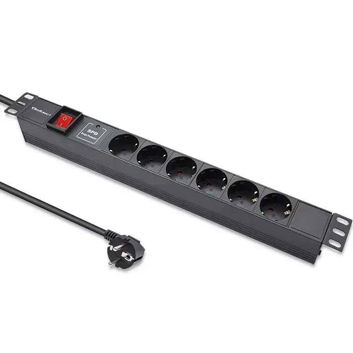 Qoltec Aluminium Power strip for RACK 19'' | 1U | 16A | PDU | 6xSCHUKO | 1.8m