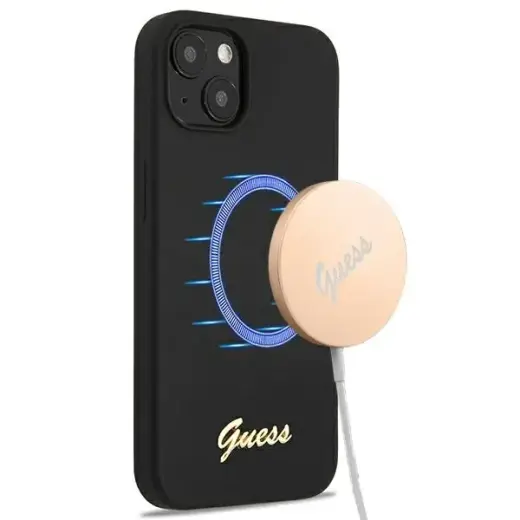 Guess GUHMP13MLSLMGBK iPhone 13 6,1" black|czarny hardcase Silicone Script Gold Logo Magsafe