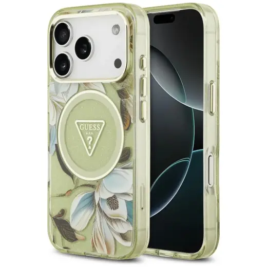 Case Guess IML Glitter Flowers Triangle MagSafe for iPhone 18 Pro Max / 17 Pro Max green