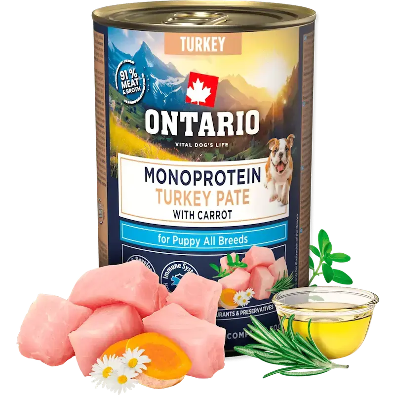 Konservi kucēniem - Ontario Dog Puppy canned food, monoprotein turkey pate with carrots, 400 g