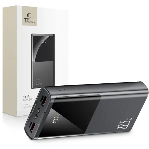 Tech-Protect PB13 ārējais akumulators (powerbank) | 20000 mAh | 22.5W | USB-A, USB-C, Lightning | LED lukturītis, LED ekrāns | pelēks