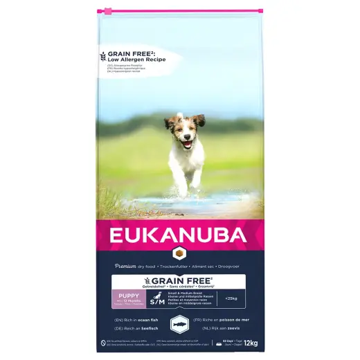 Sausa barība kucēniem - Eukanuba Puppy & Junior, Small & Medium, GRAIN FREE OCEAN FISH 12kg