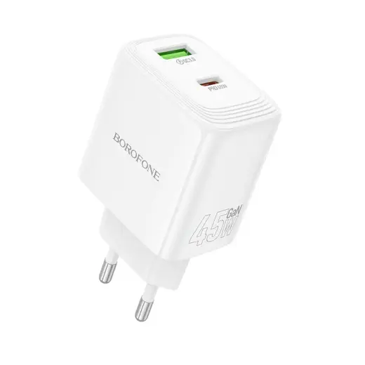 Borofone BN30 tīkla lādētājs | 45W | GaN, PD, QC | USB-A, USB-C | ar USB-C uz USB-C vadu komplektā | balts