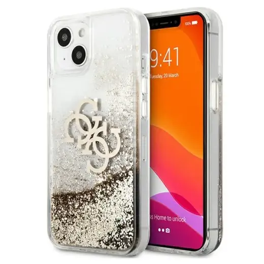 GUHCP13MLG4GGO Guess TPU Big 4G Liquid Glitter Gold Case for iPhone 13 Transparent