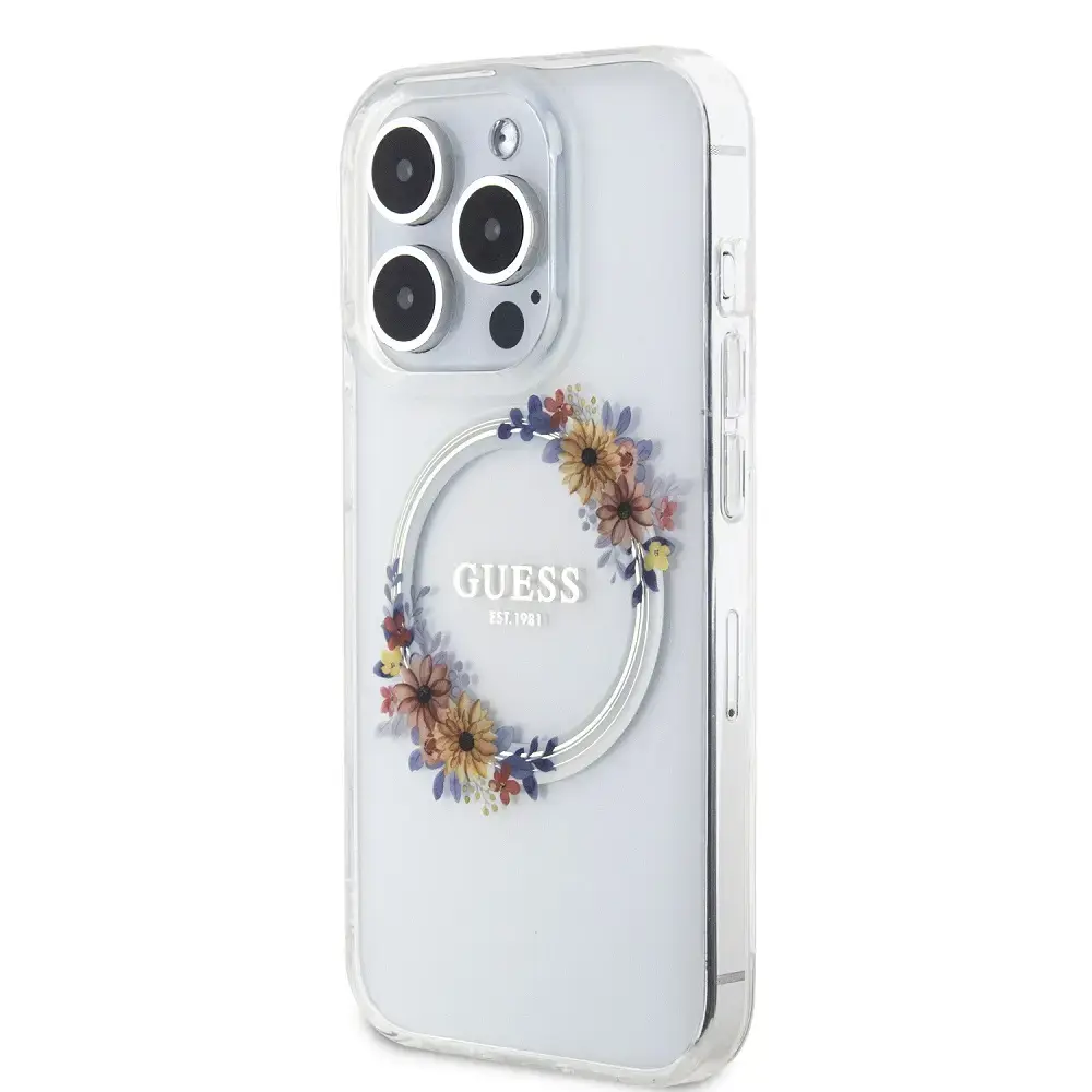 Guess PC|TPU Flowers Ring Glossy Logo MagSafe Case for iPhone 15 Pro Max Transparent