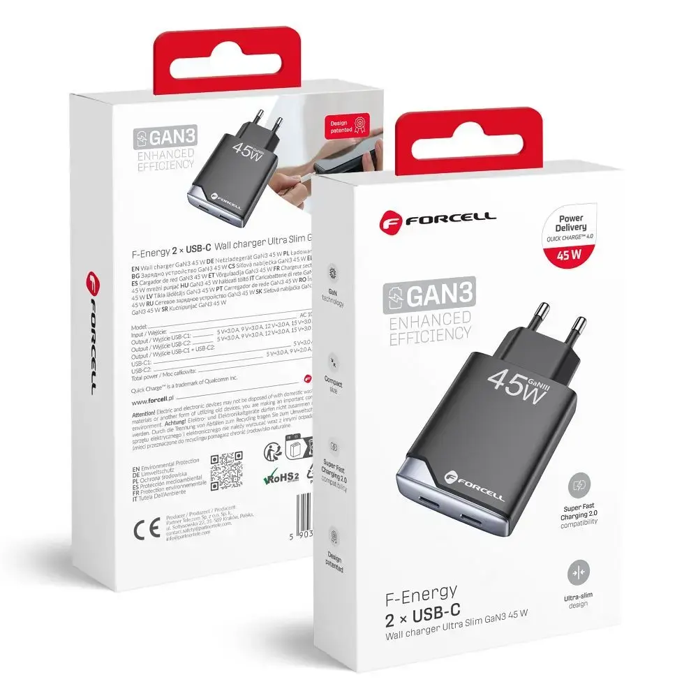 Forcell F-Energy Ultra Slim tīkla lādētājs | 45W | PD, QC, GaN | USB-C | melns