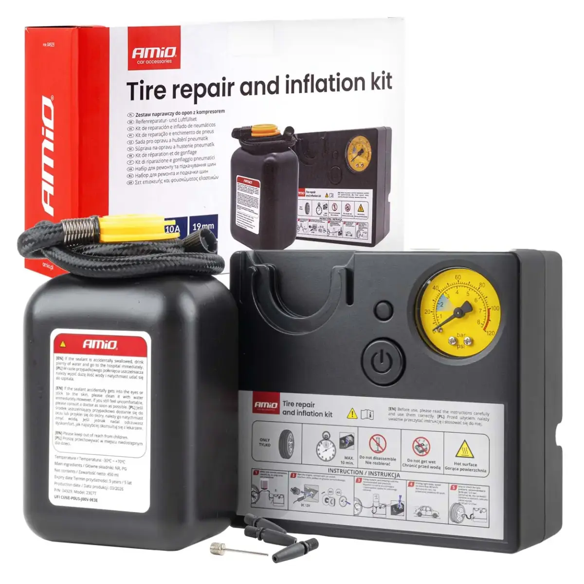 Tire repair and inflation kit 19 mm cylinder ciameter 12V AMIO-04929
