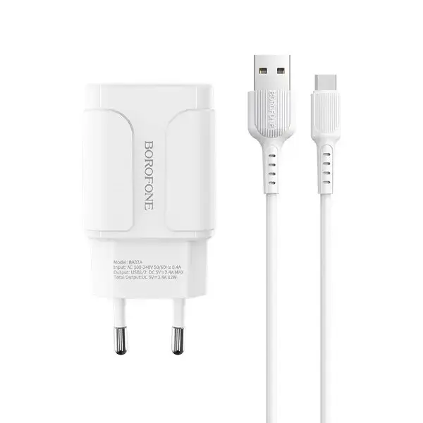 Borofone BA37A Universal Travel Charger 2XUSB | 5V | 2.4A + Type-C Cable 1M White