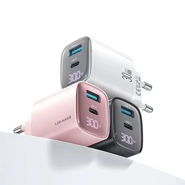 USAMS Ład. siec. CC229 30W GaN USB-C|USB-A Fast Charging XC Series różowy|pink CC229TC03