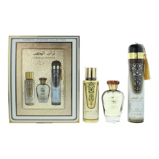 Set Ard Al Zaafaran: Turab Al Dhahab, Eau De Parfum, For Women, 100 ml + Turab Al Dhahab, Deodorant Spray, For Men, 250 ml + Turab Al Dhahab, Room Spray, 300 ml