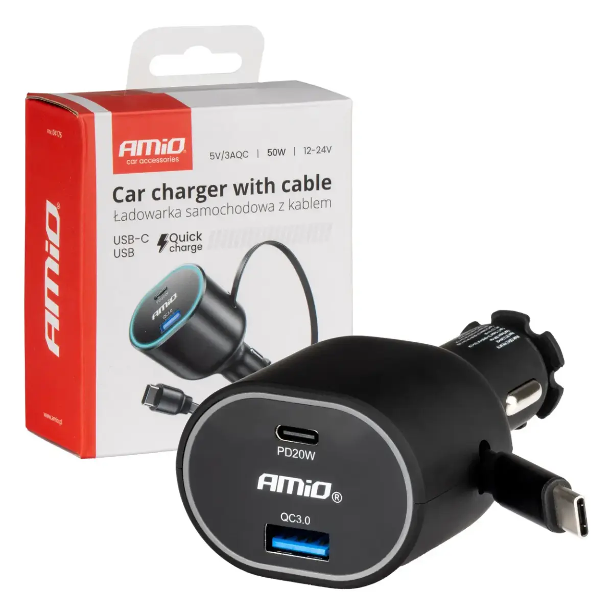 AMiO 04176 auto lādētājs | 20W | PD, QC | USB-A, USB-C | ar USB-A uz USB-C vadu komplektā