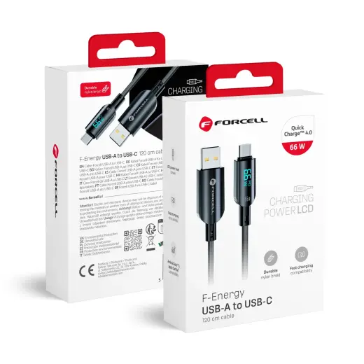 Forcell C272 datu pārraides un uzlādes vads | USB-A uz USB-C | QC 4.0, PD | 66W | ar LED ekrānu | 1.2m | melns