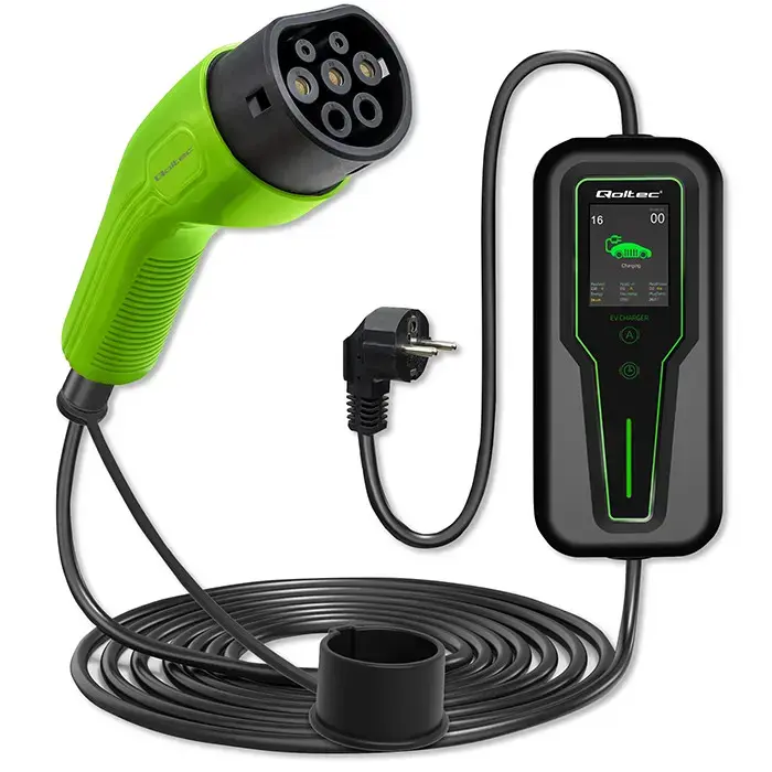 Qoltec Mobile charger for EV 2-in-1 Type2 with regulation | 3.5kW | 230V | SCHUKO 16A | LCD | Portable | Wallbox | 5m