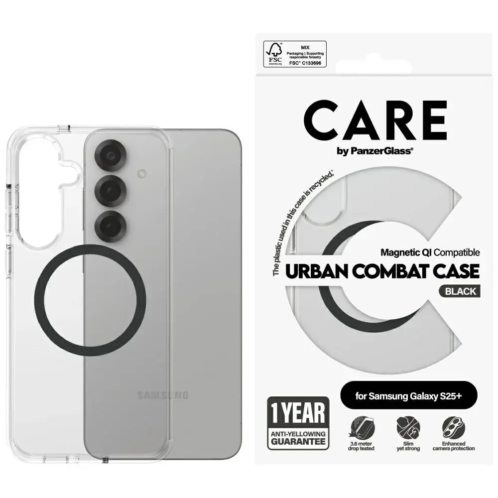 Etui CARE by PanzerGlass Flagship Urban   Combat QI do Samsung Galaxy S25+ przezroczysty-czarny