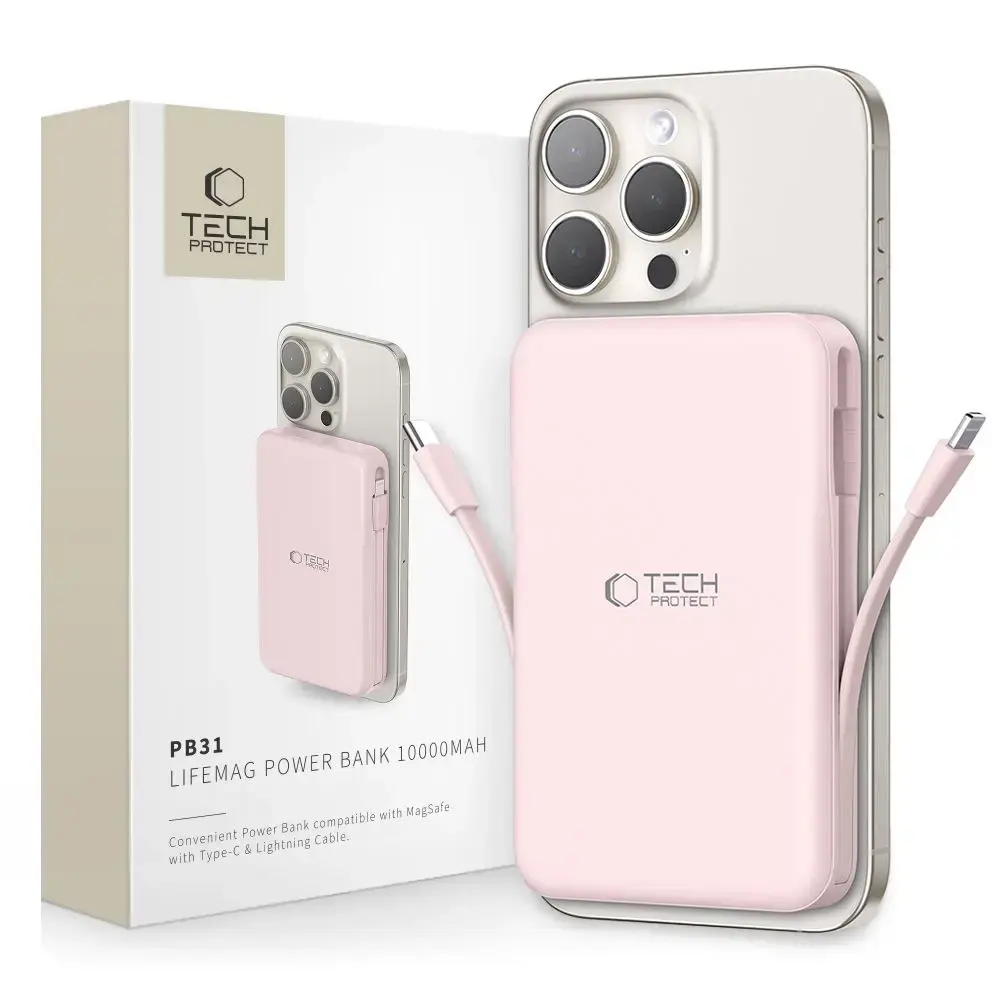 Tech-Protect PB31 LifeMag ārējais akumulators (powerbank) | 10000 mAh | 15W | USB-C, USB-A, Lightning, MagSafe | LED ekrāns | rozā