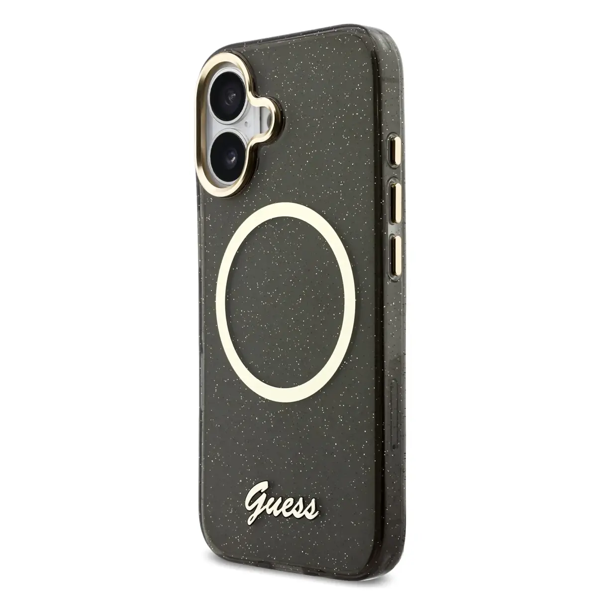 Guess IML Glitter Script Strap maciņš ar MagSafe atbalstu telefonam iPhone 17 melns