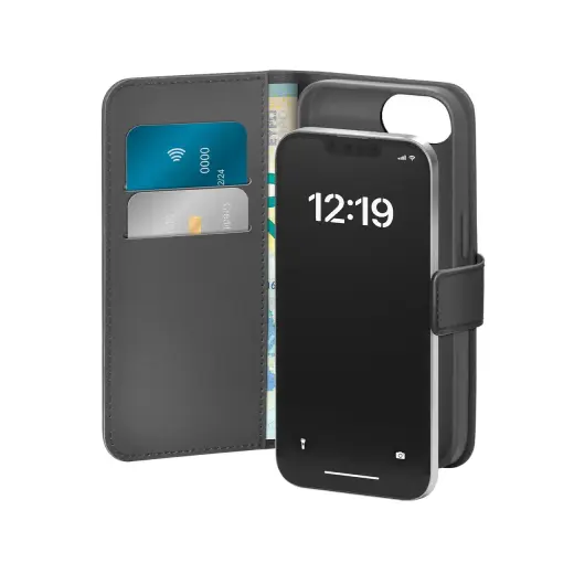 Puro Eco-Leather Case for iPhone 16E W|horiz.flip+2 Card Slot+Banknote Pocket+Cover Black