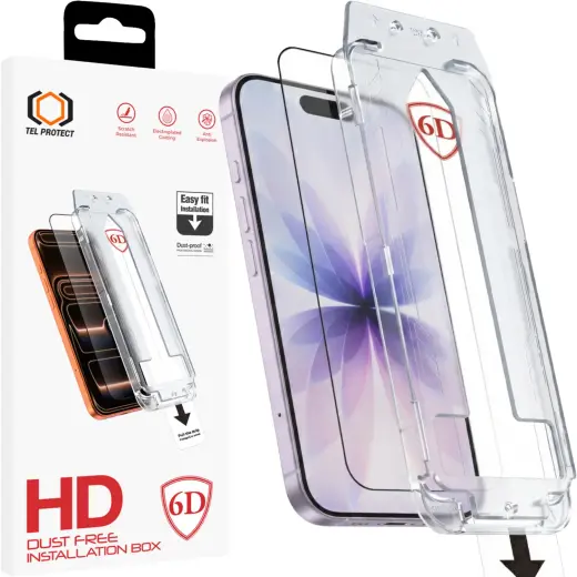Tel Protect Dust-Free Easy Fit Full Glue 6D Tempered Glass for Iphone 16 Pro/17 black