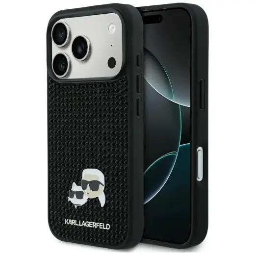 Karl Lagerfeld Rhinestones Karl&Choupette Pin maciņš telefonam iPhone 17 Pro melns