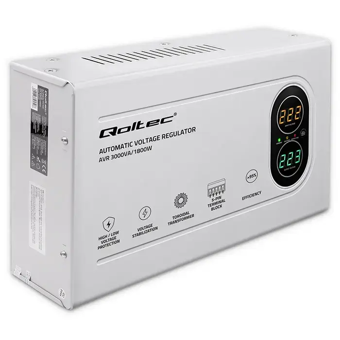Qoltec Automatic Voltage Stabilizer AVR 3000VA | 1800W | Compact | Toroidal transformer