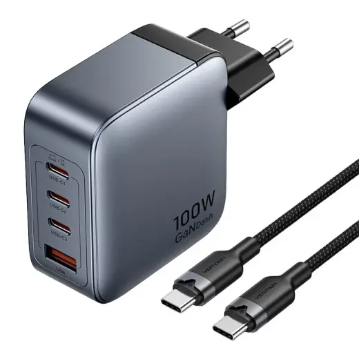 Vention power charger tīkla lādētājs | 100W | USB-C | USB-A | pelēks ar USB-C vadu komplektā (1m) melns