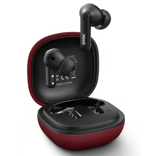 Headphones Bluetooth TWS BMW Leather      Metal Logo ENC red