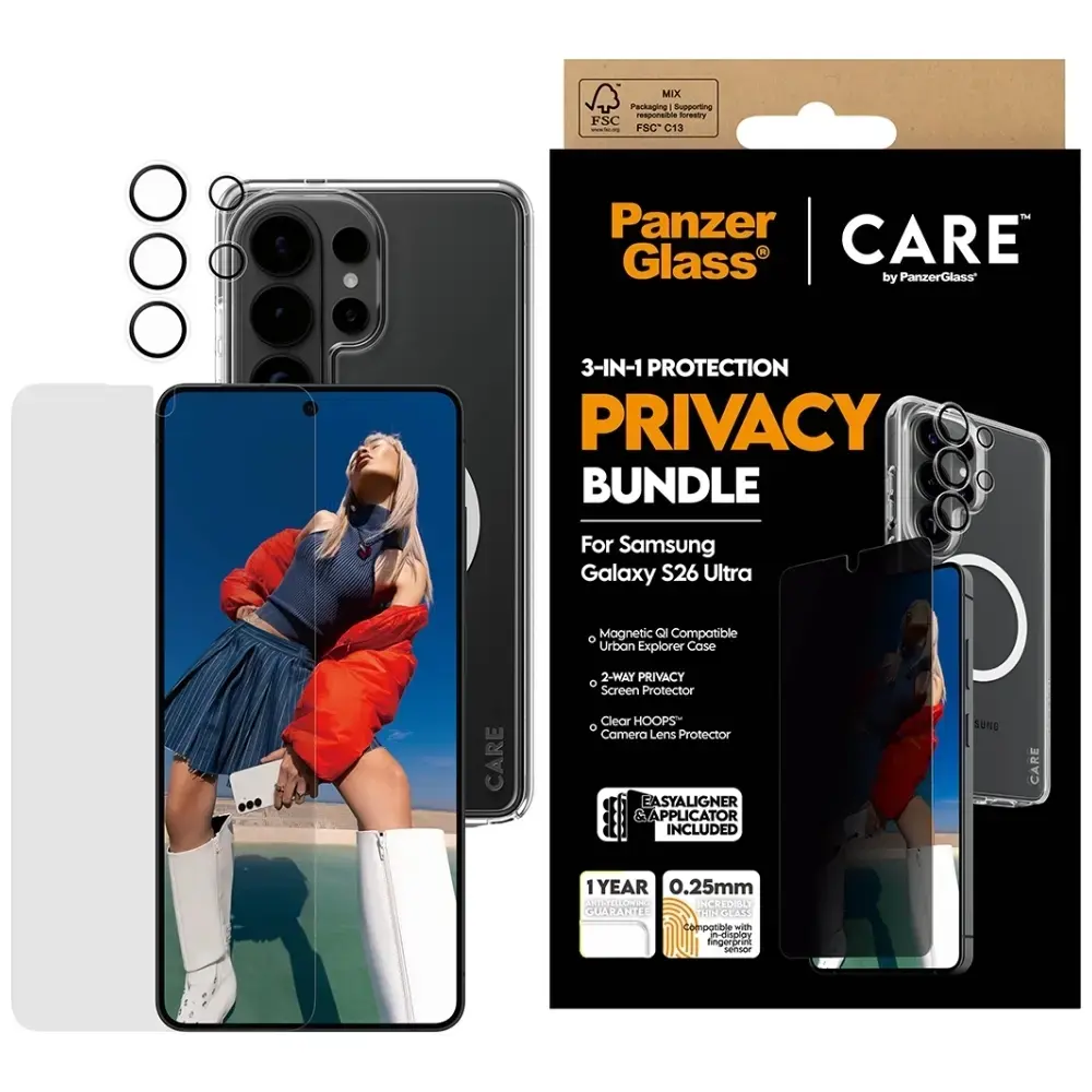 CARE by PanzerGlass 3-in-1 privātuma aizsardzības komplekts (maciņš + privātuma ekrāna stikls + kameras stikls) telefonam Samsung Galaxy S26 Ultra (S948)