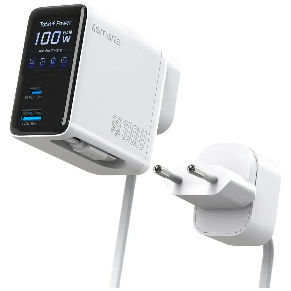 4smarts GaN Flex Screen AI tīkla lādētājs | 100W | GaN | USB-C, USB-A | balts