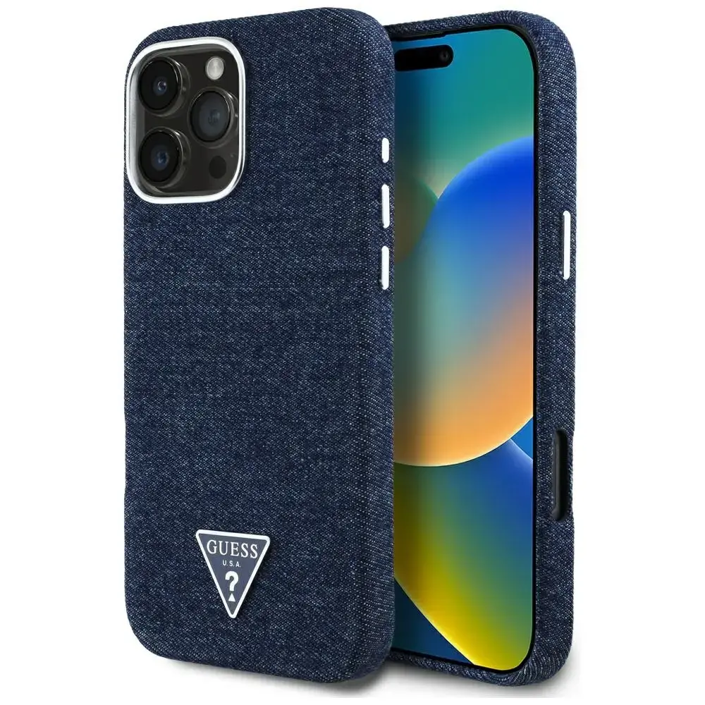 Guess Denim Triangle Logo telefona maciņš priekš iPhone 16 Pro Max zils ar MagSafe atbalstu