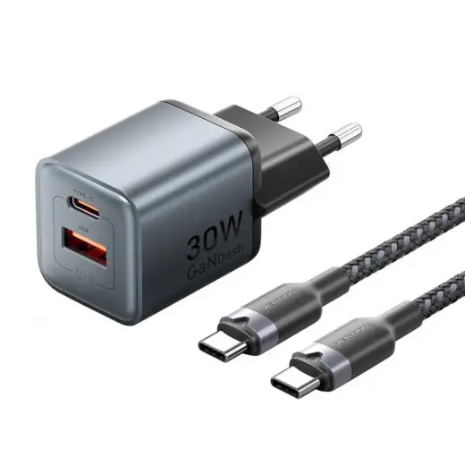 Vention 30W tīkla lādētājs | 30W | GaN | USB-C, USB-A | ar USB-C-C vadu 1m | pelēks | pelēks
