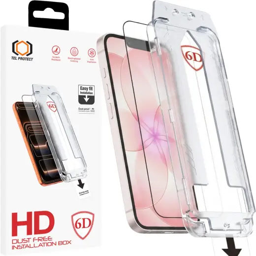 Tel Protect Dust-Free Easy Fit Full Glue 6D Tempered Glass for Iphone 13/13 Pro/16E/17E black
