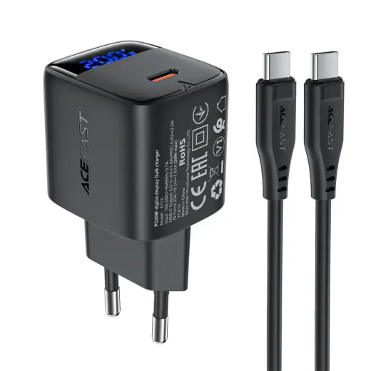 Acefast A113 tīkla lādētājs | 20W | PD, GaN | USB-C | ar USB-C uz USB-C vadu komplektā | melns