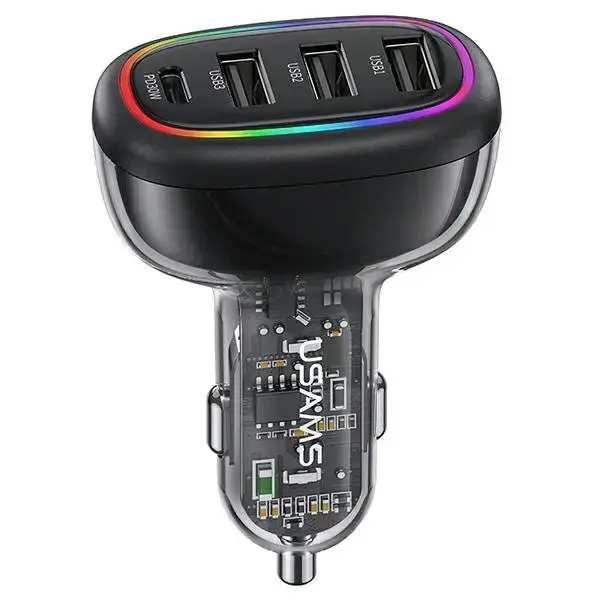 USAMS Ład. sam. 1xUSB-C 3xUSB-A C34 3A+C PD Fast Charge CC170CC01 automašīnas lādētājs | 48W | PD | USB-C, USB-A | bez USB-C vada iekļauts | melns