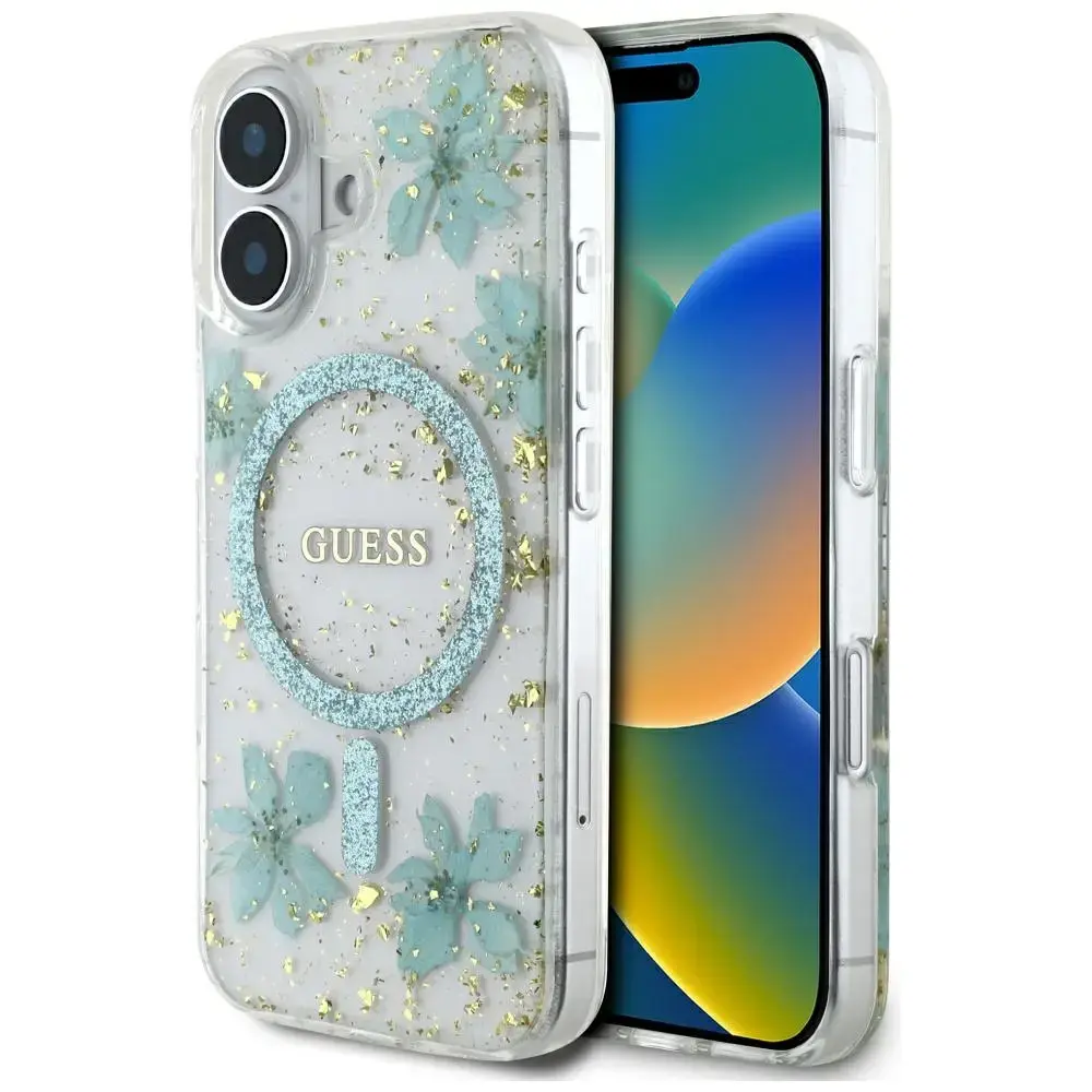 Guess Resin Flowers with glitter phone case for iPhone 16 blue with MagSafe support