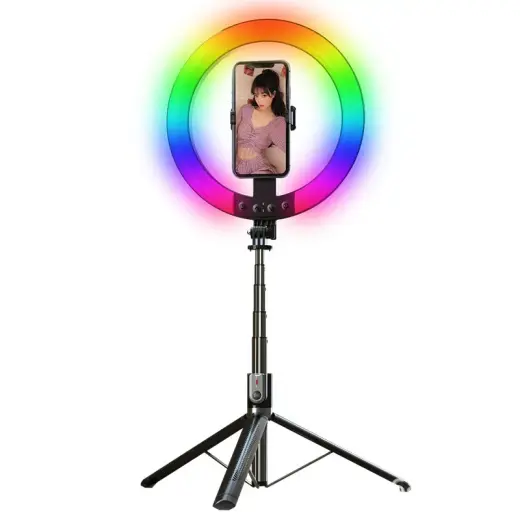 Selfie Stick - with detachable bluetooth remote control, tripod and ring lamp RGB - P100-RGB Black