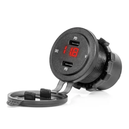 Waterproof Phone Charger with RED LED Indicator Digital Voltometer 2xUSB C 12/24V AMIO-04225