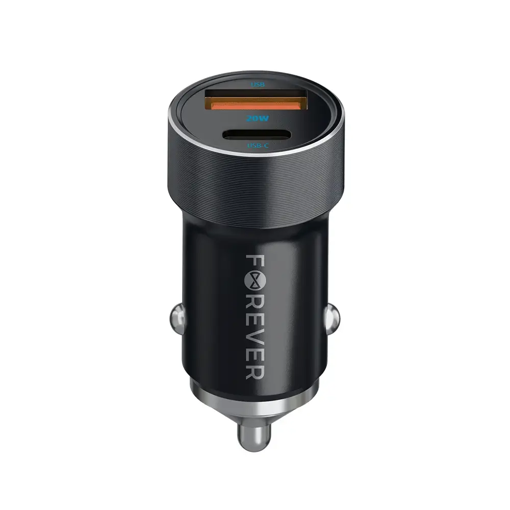Forever CC-06 automašīnas lādētājs | 20W | PD, QC | USB-C, USB-A | ar USB-C uz USB-C vadu komplektā | melns