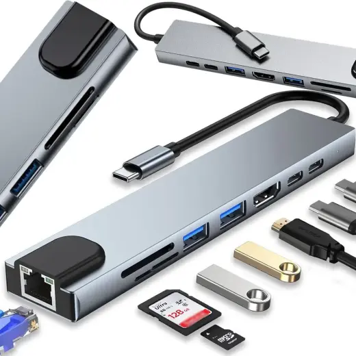 Fusion Accessories 8-in-1 USB šakotuvas | USB-C į 2x USB-C, HDMI, SD, RJ45