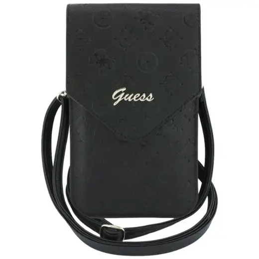 Guess Hot Stamped Peony Leather Phone Bag with Metal Classic Logos & Strap – Black