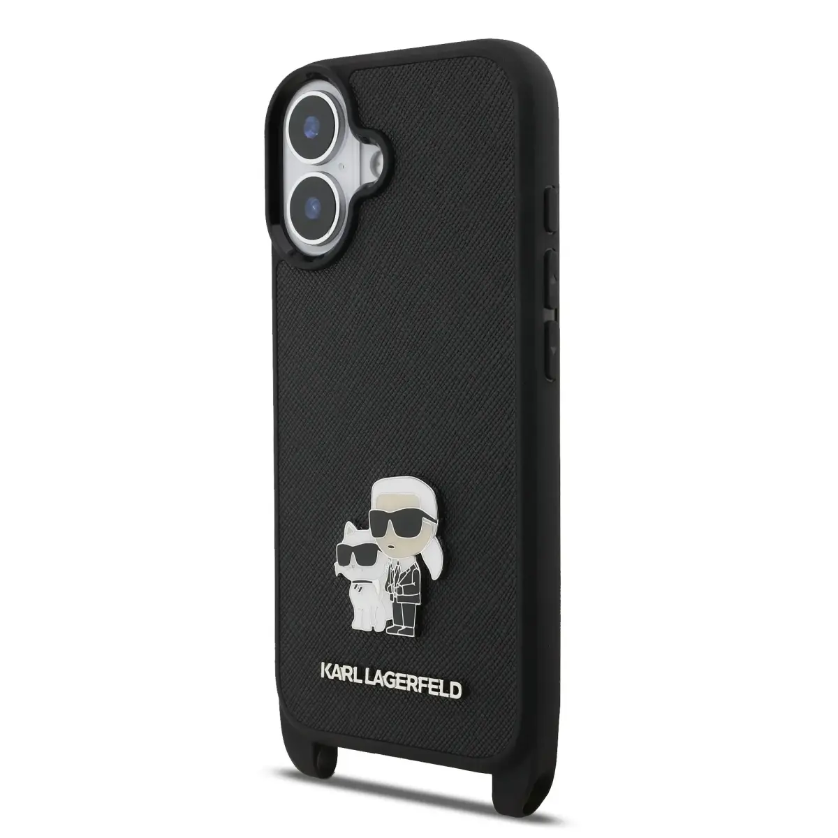 Karl Lagerfeld Saffiano Crossbody Strap Metal Karl and Choupette Case for iPhone 17 Black