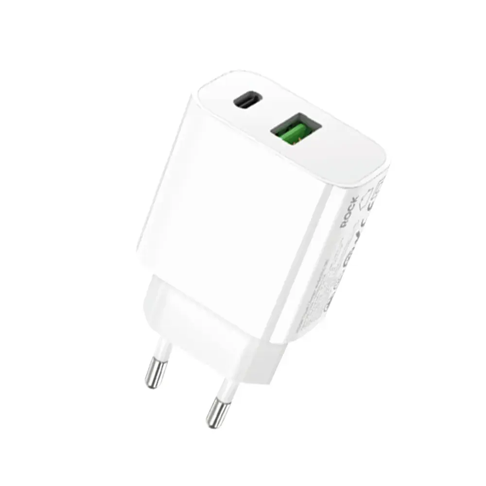 Rock T43 travel charger | 20W | QC3.0, PD | USB-A, USB-C | white