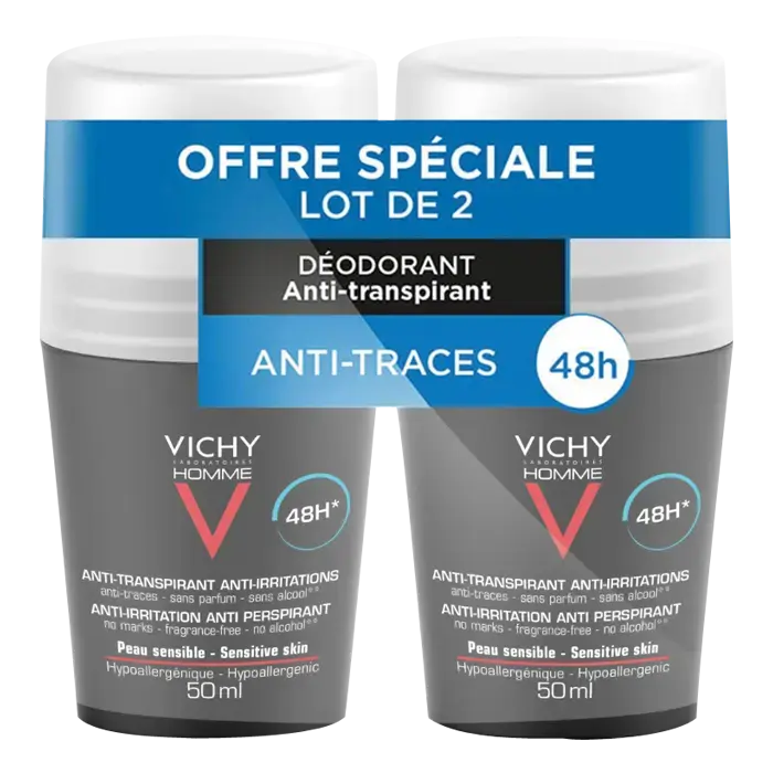 VICHY Sensitive Skin 48h Men Roll on Deodorant Anti-Perspirant 50ml - PACK of 2