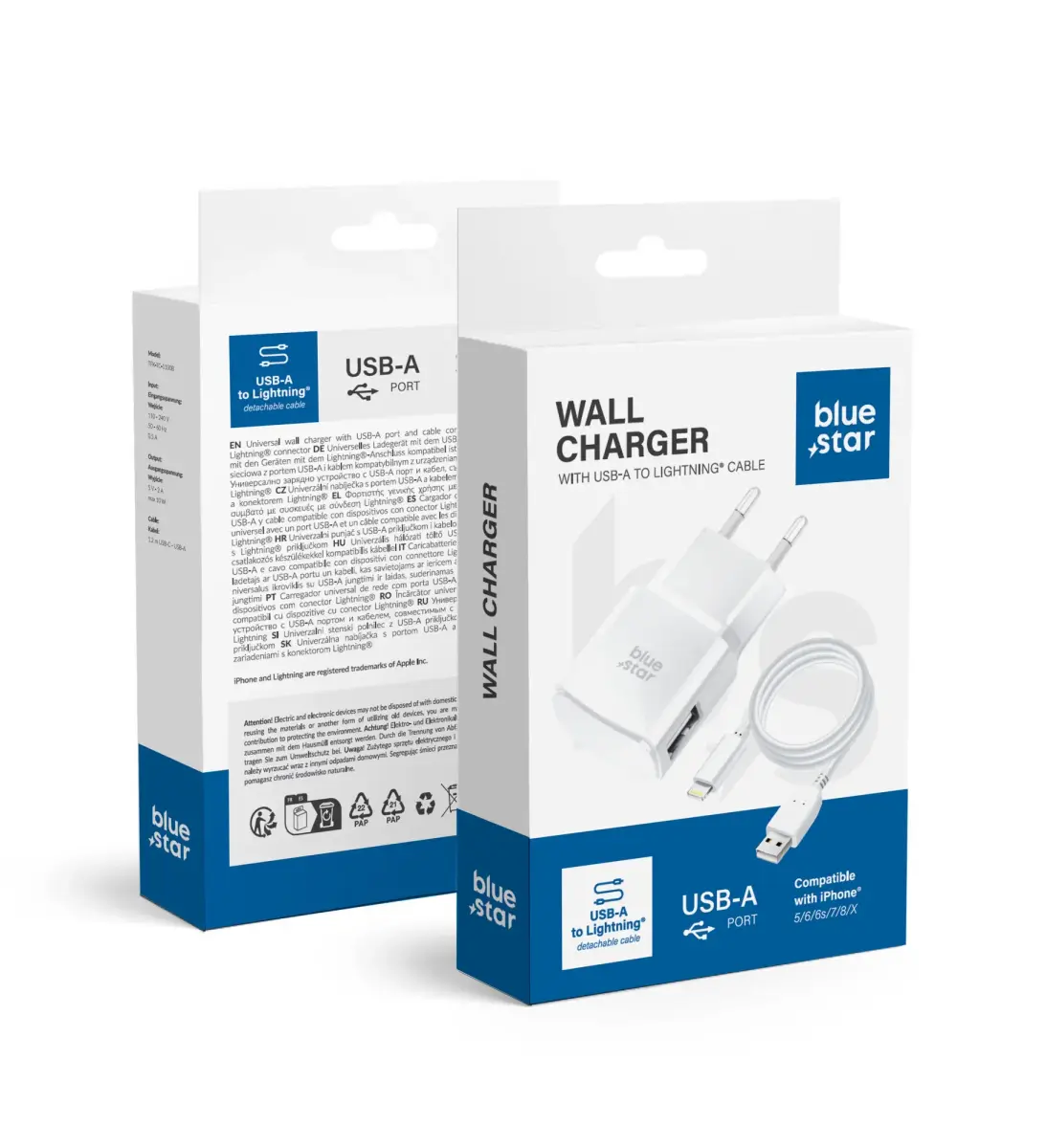 Blue Star TFK-TC-1100B tīkla lādētājs | 5W | USB-A, Lightning | ar USB-A uz Lightning vadu komplektā | balts