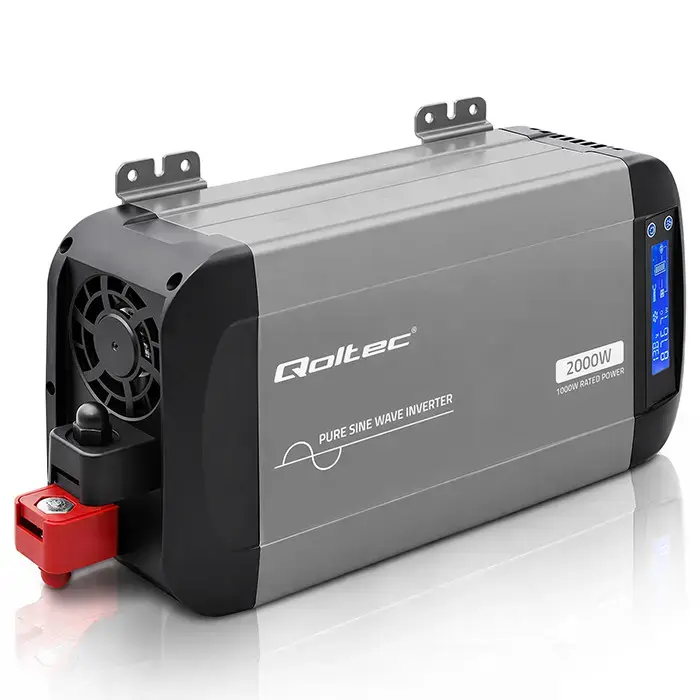 Qoltec Pure Sine Wave Inverter | 12V to 230V | 1000/2000W | LCD | USB | USC-C | Compatible with LiFePO4 GEL AGM