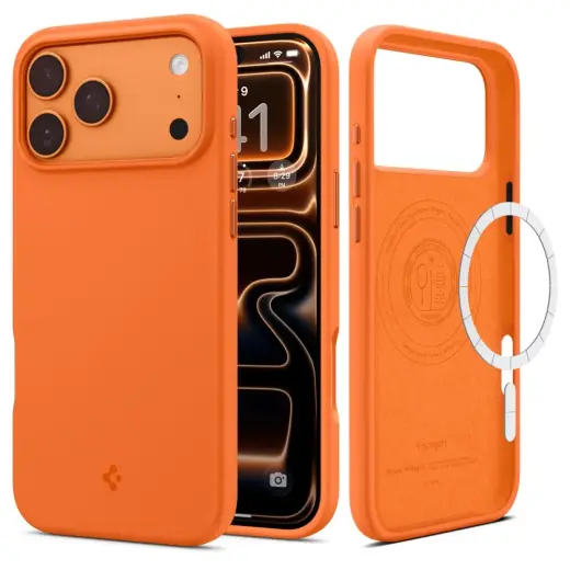 Spigen Silicone Fit Mag phone case with MagSafe support for iPhone 17 Pro Max orange